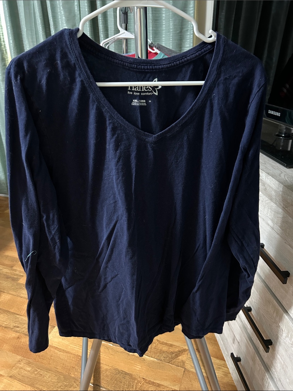 Hanes Navy Long Sleeve V-Neck Tee